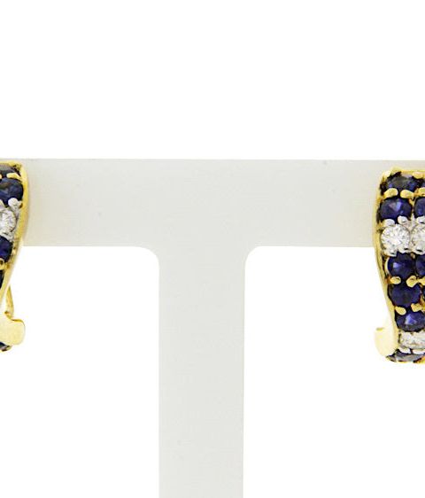 Vintage 14K Gold Hinged Hoop Earrings with Diamond and Sapphire